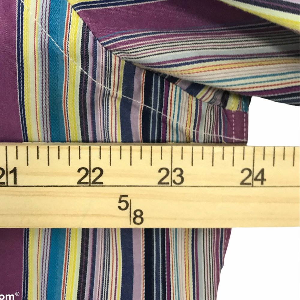 BUGATCHI Mens L Cotton Button Down Fitted Dress Shirt Flip Cuffs Purple Stripes - Picture 7 of 12
